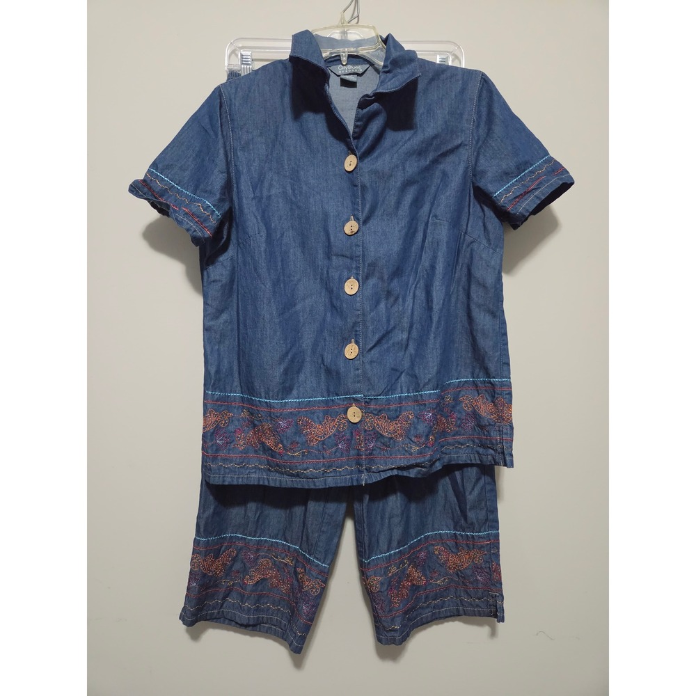 City Blues by Koret Denim Two Piece Set Embroidered Shirt and‎ Pants Blue Small